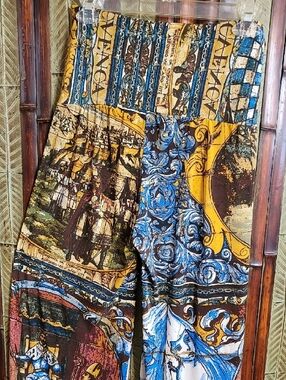 Baroque-Inspired Wide Leg Print Pants in Blue & Gold